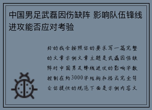 中国男足武磊因伤缺阵 影响队伍锋线进攻能否应对考验 中国男足武磊因伤缺阵 影响队伍锋线进攻能否应对考验